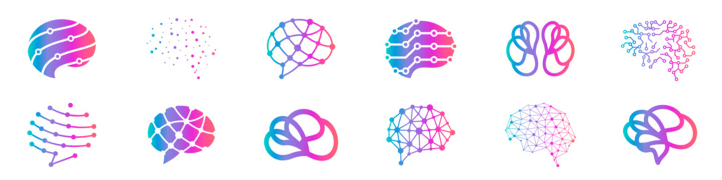 Brain logo collection. Set of creative idea logo with brain icon. Brainstorm, brain logo, idea mind collection
