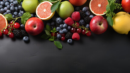 tasty fresh fruits blueberries, blackberries , apples, strawberries and currants beside text space with waterdrops