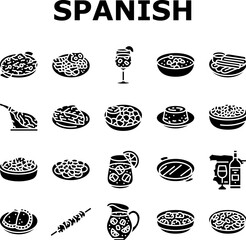 spanish cuisine food paella tapas icons set vector. spain dish, plate meat, traditional gourmet, restaurant mediterranean, tortilla spanish cuisine food paella tapas glyph pictogram Illustrations