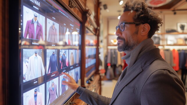 A man with glasses interacts in a checkered suit examines options on an interactive display screen in a fashionable retail environment.