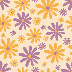 Floral retro seamless pattern. Hand drawn flowers 60s 70s style background.