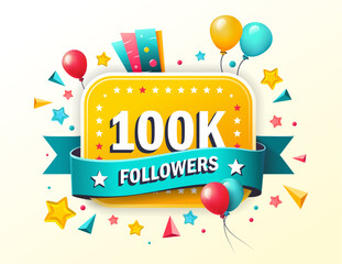 100k followers sign. Flat, color, pop art 100k Followers sign, helium balloons, 100k followers. Vector icon