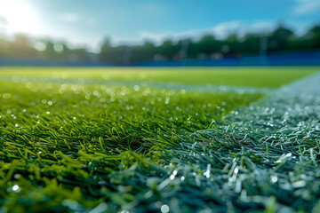 Close-up view of soccer field lines on the grass football stadium ground.