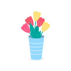 Spring bouquet of tulips in a vase hand drawn flat illustration