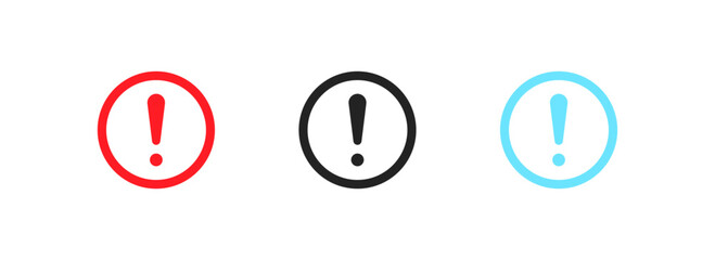 Exclamation mark buttons icons. Flat, color, set of exclamation marks, warning design. Vector icons