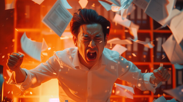 Angry Asian office worker cluttered with papers
