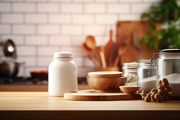 Composition with different cooking utensils on wooden table in kitchen