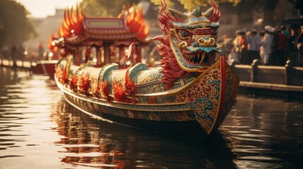 Dragon Boat Floating on Top of a Body of Water
