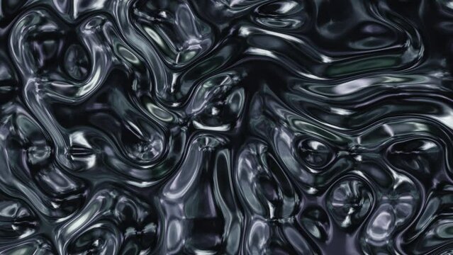 Looped animated fluid abstract texture of swirling liquid chrome dark metal
