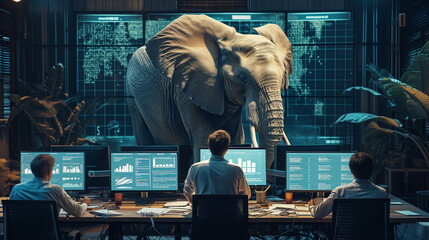 Analysts working with interactive data screens in front of a large elephant hologram. - the elephant in the room