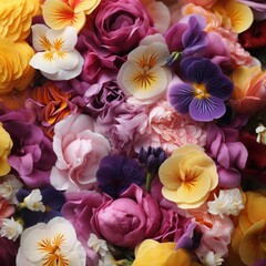  beautiful collection of various flowers, including roses and pansies, with a stunning display of color and texture symbolizing the essence of spring.