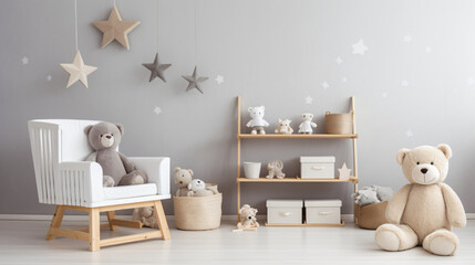 Stylish Scandinavian newborn baby room with toys.