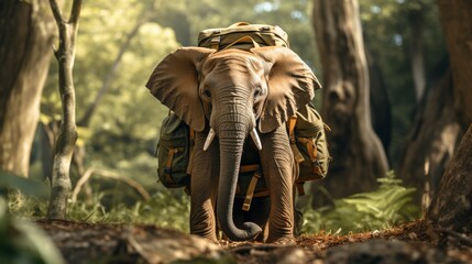 Fototapeta na wymiar Elephant With Backpack Walking Through Forest