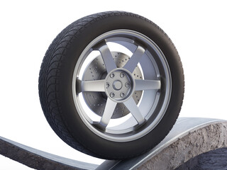 3D rendering of tire and road in adventure route concept. Car wheel on earth land with asphalt driveway.