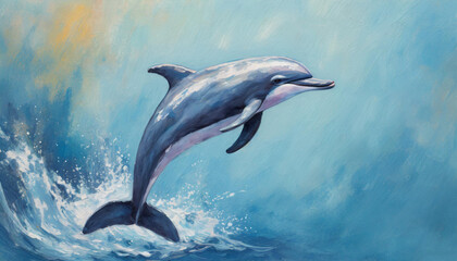 Oil painting of a Dolphins on pure blue background canvas, copyspace on a side - obrazy, fototapety, plakaty