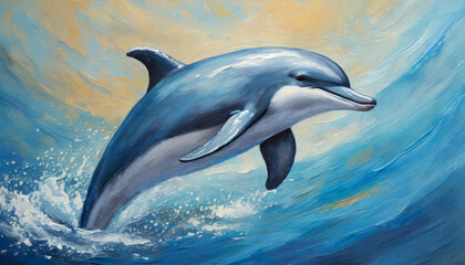 Obraz premium Oil painting of a Dolphins on pure blue background canvas, copyspace on a side