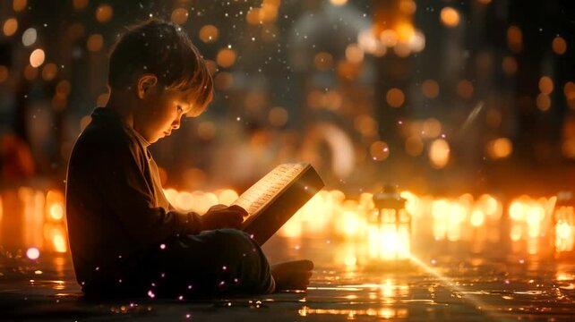 Little boy reading scripture. Seamless looping time-lapse 4k video animation background