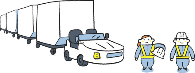 Naklejka premium 航空貨物の現場で働く人々 トーイングトラクター セット イラスト素材 