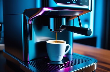 Cup of coffee in the coffee machine close up, vibrant colors