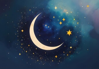 Naklejka na ściany i meble golden crescent moon and stars against a mystical night sky