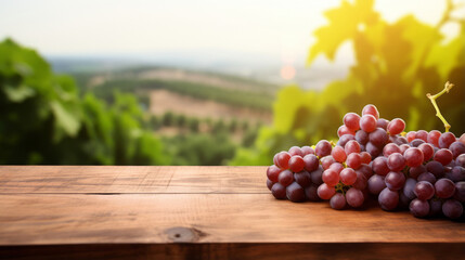close-up of an empty wooden table and grapes, blurred vineyard in the background, mockup background...