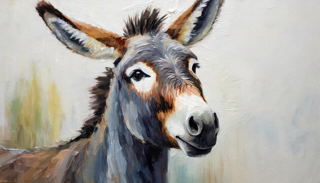 Oil painting of a donkey head on pure white background canvas, copyspace