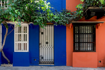 Typical houses with picturesque facades in the city Cartagena, Colombia.