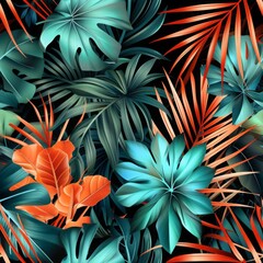 Tropical Oasis: Palm Leaves Seamless Pattern Background with Lush Tropical Plants. Immerse Yourself in Nature's Beauty with this Exotic Design.