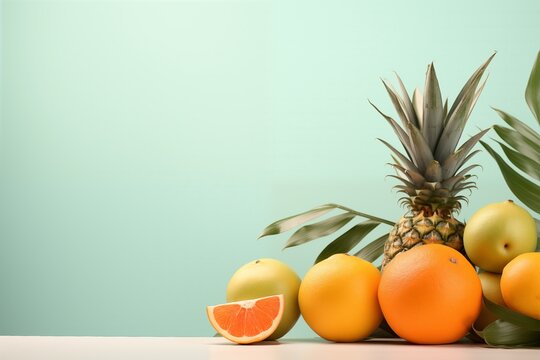 Tropical fruit still life on pastel green background design concept. Copy space