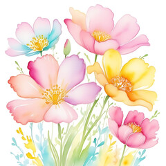 Beautiful wildflowers in delicate pastel shades and unopened buds on a white background. Watercolor, details.