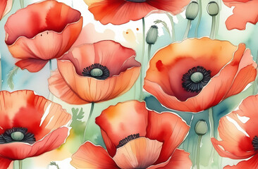 Large red poppies on the field, watercolor technique, floral background.