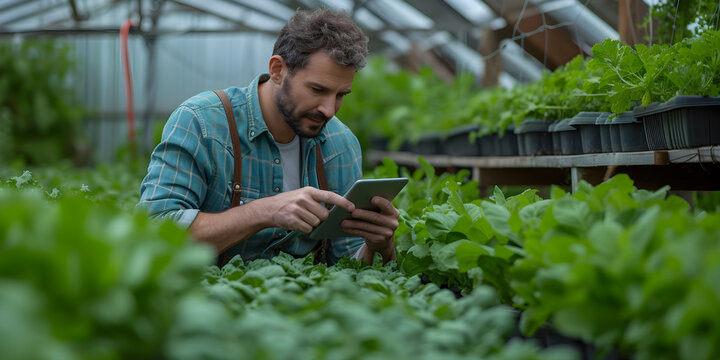 Agricultural man working on a tablet on a farm to analyze the sustainability, production or growth of the industry