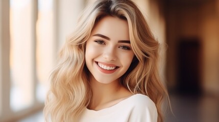 Beautiful smile young woman. White teeth on the master plan. Free space and background to use