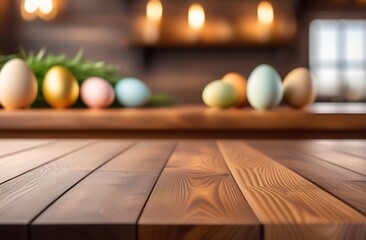 Fototapeta na wymiar Happy Easter background. Colourful eggs, wooden table, free space.