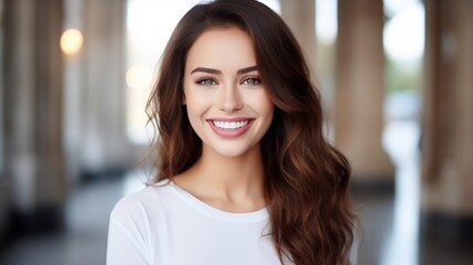 Beautiful smile young woman. White teeth on the master plan. Free space and background to use - obrazy, fototapety, plakaty