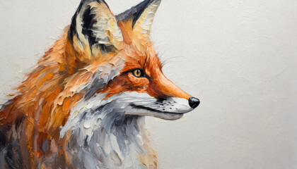 Oil painting of a fox head on pure white background canvas, copyspace on a side