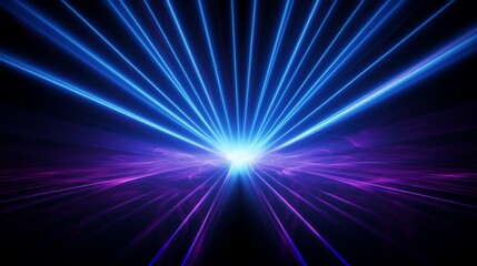 Blue and violet beams of bright laser light shining on black background