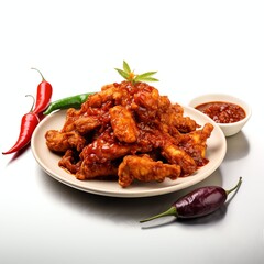 Fototapeta premium a crispy chicken smashed in sambal bawang chilli garlic sauce, studio light , isolated on white background
