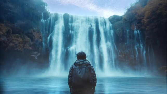 Person in waterfalls. Seamless looping time-lapse 4k video animation background