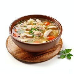 a chicken soup with vegetables on wooden table