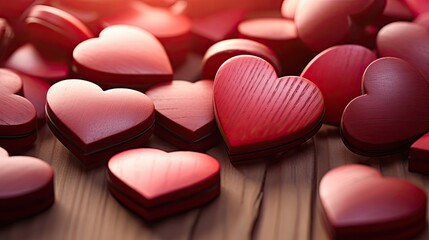 an image of red wooden hearts with the word happy valentine's day around them, in the style of light red and light crimson, mixes realistic and fantastical elements, , highly realistic