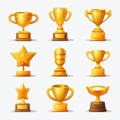 3d gold trophy icon, simple color, and simple shapes variations sheet, white background