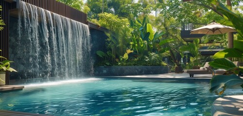 A majestic cascade plunging into a pristine pool, framed by lush greenery and dappled sunlight.