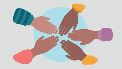 Vektor-Illustration von Menschen, die ihre H&auml;nde zusammenhalten, um den Teamgeist zu beschw&ouml;ren - Stock Graphics