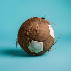 Coconut like a football ball isolated on pastel blue background, in the style of tropical sport league. Conceptual minimal artwork wallpaper