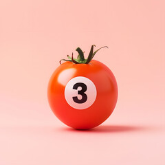 Red tomato like a billiard ball with number three isolated on pastel pink background. Sport billiard competition wallpaper artwork
