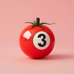 Red tomato like a billiard ball with number three isolated on pastel pink background. Sport billiard competition wallpaper artwork