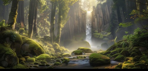 Moss-covered rocks surrounding a tranquil waterfall, with mist rising amidst towering trees in a verdant forest.
