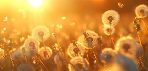 Sunlight filtering through a field of dandelions at sunset, creating a magical golden aura in the air.