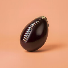 Eggplant in the style of American football ball isolated on the pastel peach color background with copy space. American rugby sport tradition wallpaper idea